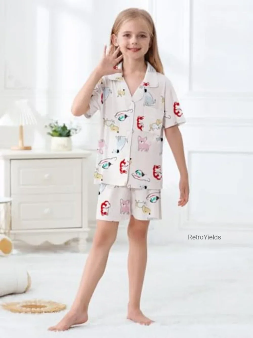 Girls Lyocell 3 Piece Pajama Set Button Down PJs Short Sleeve Loungewear